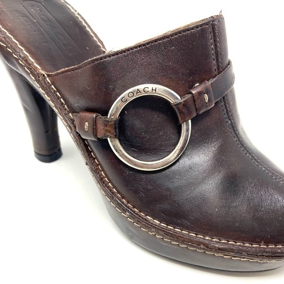 Coach Kaley Brown Leather Heeled Platform Mule Clog Slides Made in Italy - Picture 8 of 9